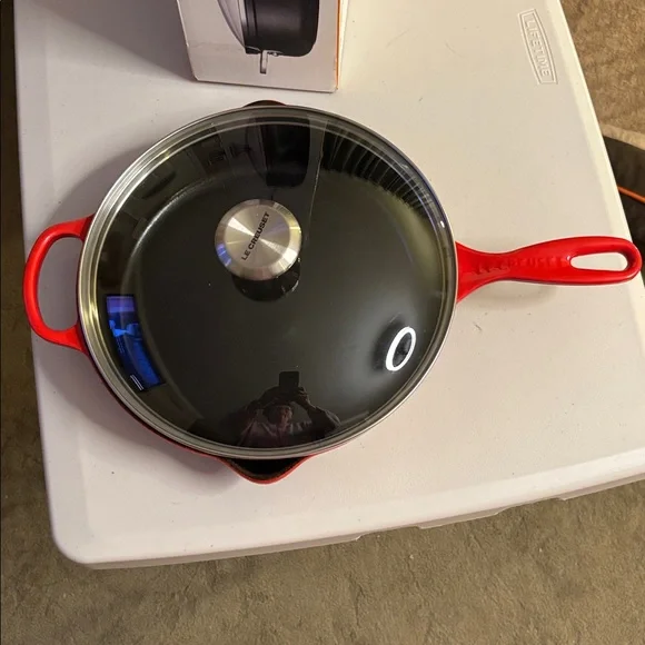 Le Creuset 10.25” Red Cast Iron Skillet with Lid - Picture 2 of 8